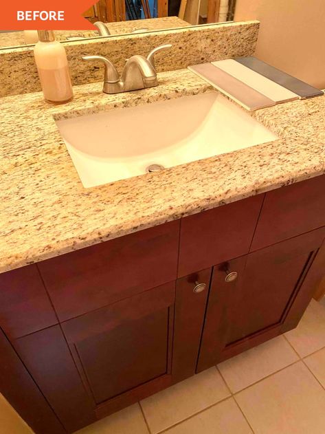 Bathroom Remodel With Oak Cabinets, Bathroom Counter Colors, Tan Bathroom Vanity Paint Colors, Tan Cabinets Bathroom, Bathroom Decor With Brown Cabinets, Green Bathroom Cabinet Colors, Brown Tiled Bathrooms Ideas, Bathroom With Tan Countertop, Tan Bathroom Countertop