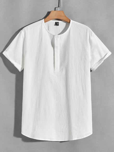 White Basics Collar Short Sleeve Cotton Plain Top Embellished Non-Stretch Summer Men Tops Half Button Shirt, Men Pants Pattern, Simple Tops, Shein Basics, Button Shirts Men, Shein Men, Men Fashion Casual Shirts, Men Shirts, Plain Tops