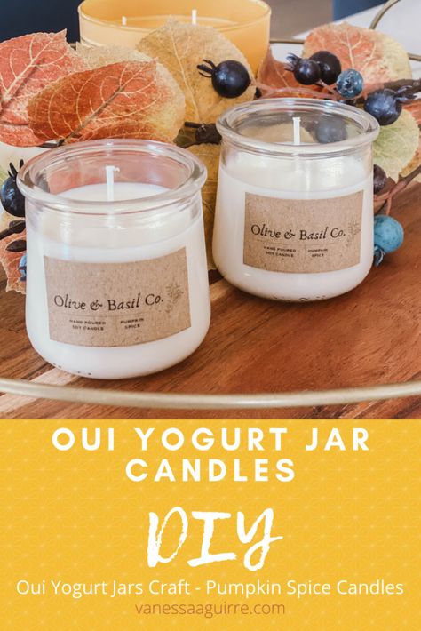 Yogurt Jar Candles, Repurposed Oui Yogurt Jars, Repurpose Yogurt Jars, Yogurt Glass Jar Ideas, Qui Jars Crafts, Qui Yogurt Jar Crafts, Yogurt Jar Ideas, Yoplait Oui Jars Ideas, What To Do With Oui Yogurt Jars