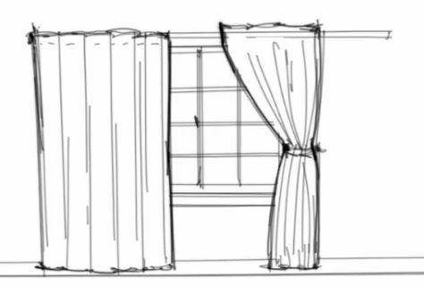 Interior Design Rendering: How to work with curtains in interior design Window With Curtains Drawing, Curtain Illustration, Curtain Drawing, Basic Sketching, Bedroom Drawing, Window Drawing, Drawing Interior, Furniture Design Sketches, Interior Design Renderings