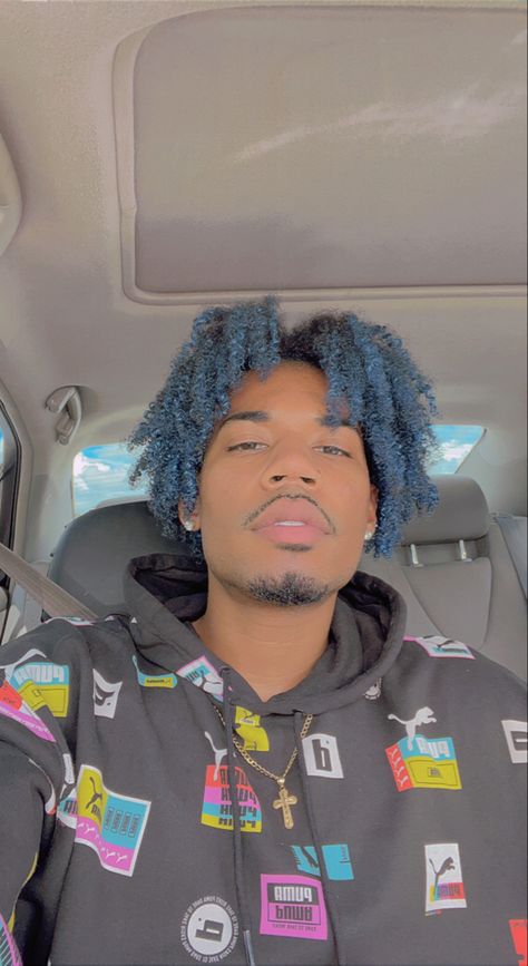 Blue Curly Hair Men, Guys With Blue Hair, Blue Hair Men Black, Dark Blue Hair Men Aesthetic, Black Blue Curly Hair, Blue Afro, Dark Blue Locs Men, Black And Blue Dreads, Boys Dyed Hair