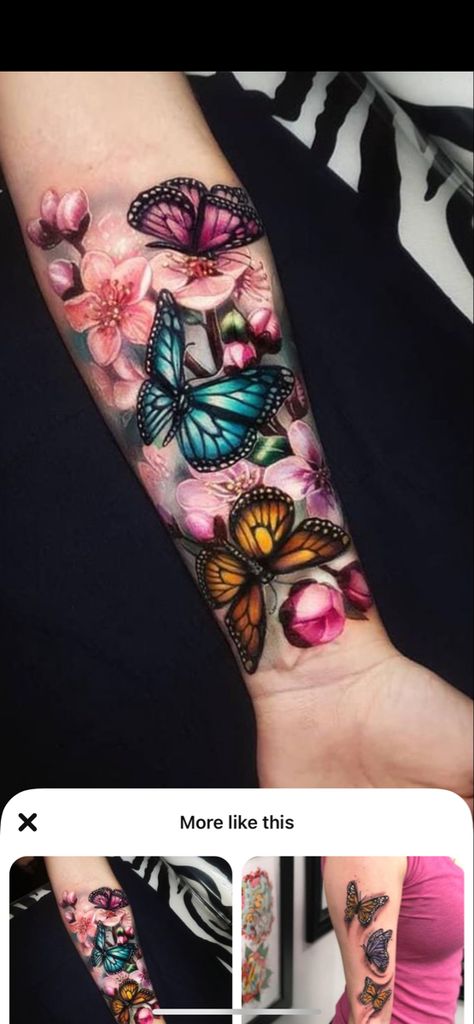 Tattoo Sleeves For Women Colorful, Color Flower Arm Tattoo, Names Cover Up Tattoo, Flowers And Butterfly Tattoo Sleeve, Beautiful Colorful Tattoos, Floral Butterfly Tattoo Design Color, Upper Arm Tattoos For Women Color, Flower And Butterfly Tattoo Sleeve Color, Color Forearm Tattoo Women