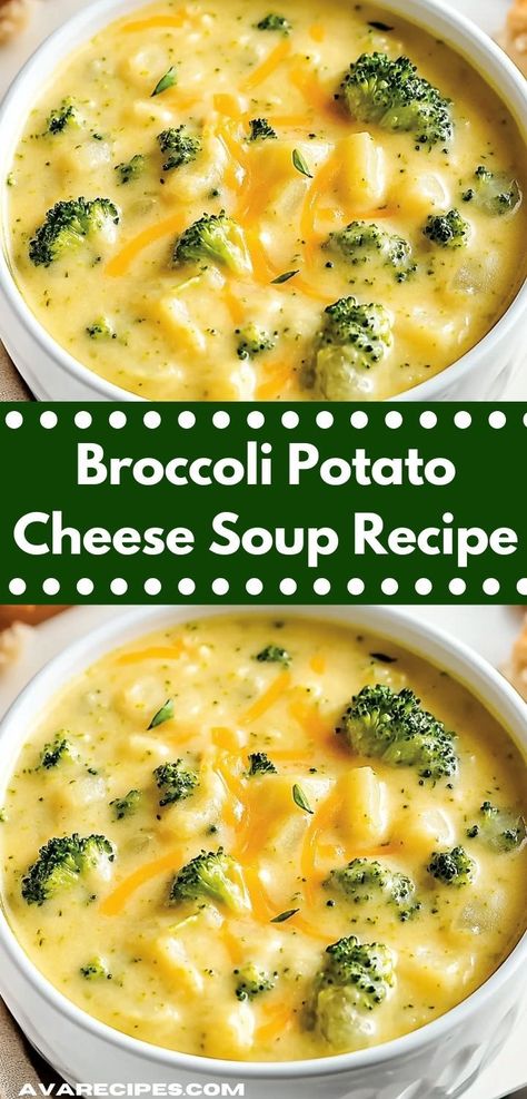 Craving a deliciously creamy soup? This Broccoli Potato Cheese Soup Recipe will satisfy your taste buds with its rich flavors. It's a quick, healthy soup recipe that your whole family will love, ensuring everyone cleans their bowls. Broccoli Potato Soup Recipes, Cheddar Broccoli Potato Soup, Broccoli Potato Cheese Soup, Potato Cheese Soup, Broccoli Potato Soup, Broccoli Potato, Cheese Soup Recipe, Broccoli And Potatoes, Cheese Soup Recipes