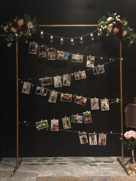 Picture Wall Party, Birthday Party Photo Wall, Photo String, Photowall Ideas, 88th Birthday, Photo Garland, Wedding Photo Display, Vintage Birthday Parties, 18th Birthday Decorations