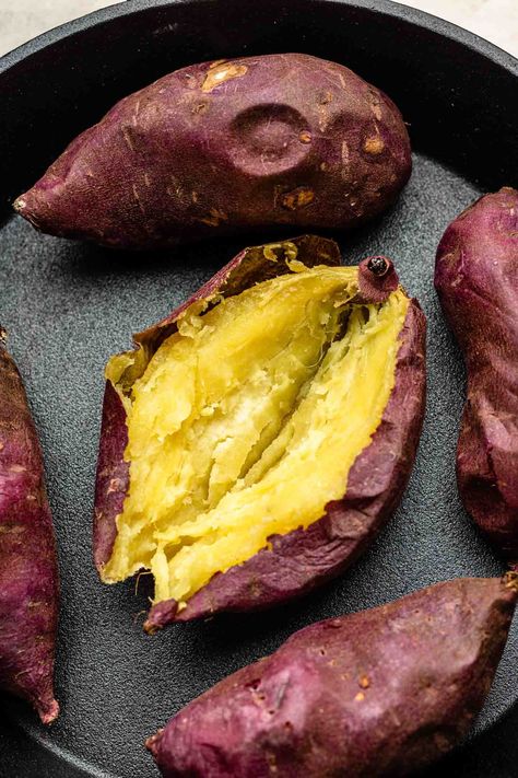 Learn how to make perfectly baked Japanese sweet potatoes the right way to achieve authentic yaki imo texture and flavour. Japanese Yams Baked, How To Cook Japanese Sweet Potato, Baked Japanese Sweet Potato, Japanese Sweet Potato Recipe, Yaki Imo, Asian Sweet Potato, Baked Sweet Potato Oven, Stock The Fridge, Japanese Yam