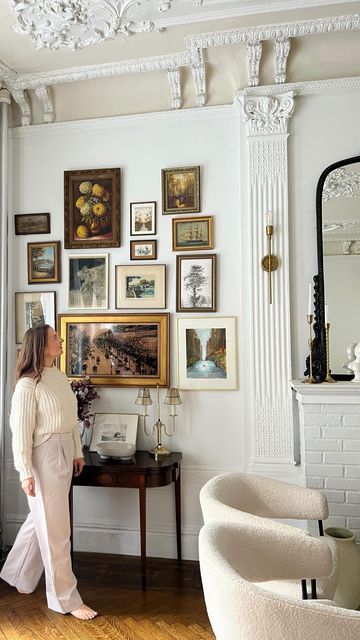 Elegant Gallery Wall Living Room, French Provincial Gallery Wall, French Frames Wall, Parisian Eclectic Bedroom, Parisian Living Room With Tv, Gallery Wall With Window In Middle, New York Gallery Wall, Gallery Wall Around Fireplace, Ornate Frames Gallery Wall