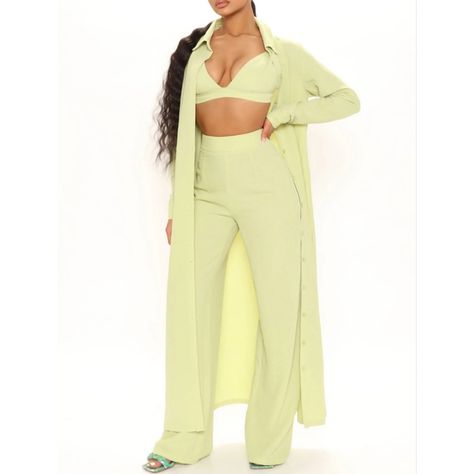 Brand New, Never Worn 3 Piece Light Green Set. Ships As Pictured With Adjustable Strap Bralette, High Rise Pants And Duster Jumpsuit Coverup, Fashion Nova Jumpsuit, House Clothes, Outfits Petite, Coverup Skirt, Oversized Tunic, Current Fashion, Fire Fits, 2022 Trends