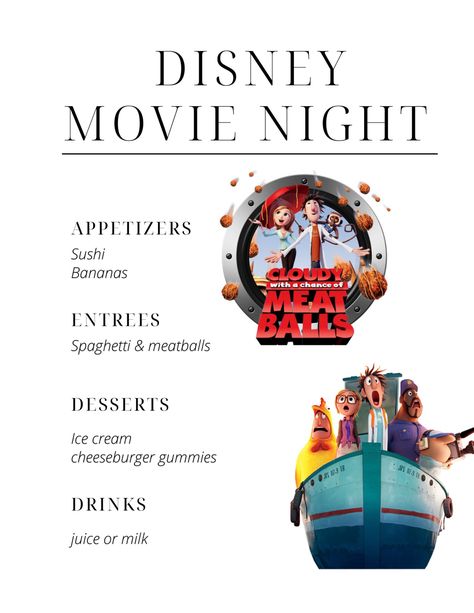 Movie Night And Dinner, Movie Themed Meals, Family Movie Night Menu Dinners, Disney Movie Food Ideas, Disney Movie Themed Dinner Ideas, Elemental Movie Night, Family Movie Dinner Ideas, Disney Movie Night Dinner Recipes, Shrek Themed Dinner Ideas