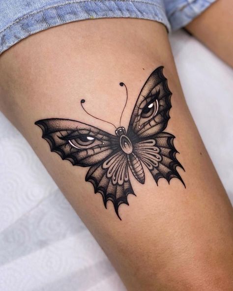 Butterfly tattoo by Kenny Pixie | tattoo ideas by  Jamarcus Coleman Women’s Butterfly Tattoo, Witchy Butterfly Tattoo, Butterfly With Eyes Tattoo, Butterfly Tattoo For Men, Goth Butterfly Tattoo, Butterfly Elbow Tattoo, Skull Thigh Tattoos, Pixie Tattoo, Cute Foot Tattoos