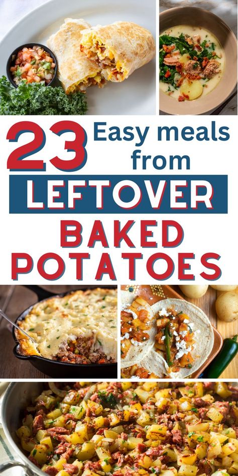 These leftover baked potato recipes are perfect for breakfast or dinners. 23 easy & healthy leftover baked potato recipes ideas are quick and cheap since you already have baked potatoes left over. You can make these dinners in the air fryer or crockpot, and can even prepare them vegan and dairy free. Try these leftover baked potato recipes healthy, and enjoy breakfast, soup, mashed potatoes, au gratin, potato tacos, home fries, and so much more. The best leftover baked potato recipes breakfast! Leftover Baked Potato Recipes, Leftover Potatoes Recipes, Leftover Baked Potato, Casseroles Breakfast, Small Potatoes Recipe, Potato Recipes Crockpot, Leftover Baked Potatoes, Quick Cheap Meals, Inexpensive Dinners