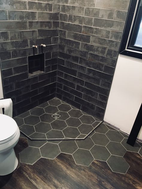 Hexagon Tile To Wood Transition, Octagon Tile Bathroom, Octagon Tile Floor, Tile To Wood Transition, Hexagon Floor Tile, Hexagon Tile Bathroom, Tiling Ideas, Hex Tiles, Octagon Tile