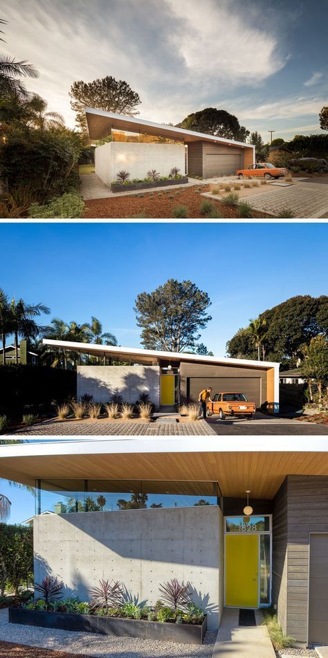 The front of this modern house features a slanted, angular roof. A bright yellow door framed by two windows brings you inside the home. House With Slanted Roof, Exterior Window Frame, Frame Floor Plans, Slanted Roof, Houses Architecture, Exterior Window, Modern Floor Plans, Yellow Door, Casas The Sims 4