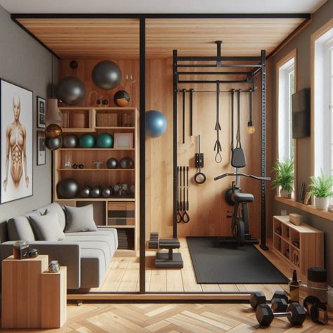 Efficient and compact, these home gym designs are perfect for small spaces. Get the most out of your workout area! #HomeGymIdeas #SmallSpaceDesign #FitnessJourney #CompactHomeGym #WorkoutInspiration Small Gym Area In Home, Elegant Home Gym, Home Gym Spa, In Home Gym Ideas Small Spaces, Home Weight Room, Gym And Office Room Ideas, Home Gym Ideas Small Basements, Home Gym Small Space, Small Home Gym Design