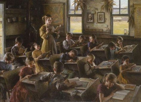 ARTISTA: Morgan Weistling. TÍTULO: "Country Schoolhouse, 1879" Art Teacher Aesthetic, Morgan Weistling, Genealogy Art, High School History Classroom, Childhood Aesthetic, Teacher Aesthetic, Student Photo, Old School House, School Painting