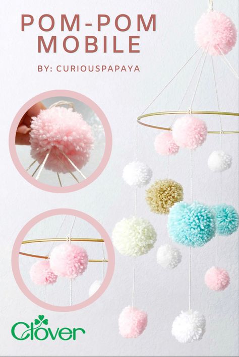 Nothing sweeter than handmade decor for the special little one in your life! This Pom-Pom Baby Mobile is the perfect addition to any nursery! Just choose your own colors and get to making✨🍼 #pompommaker #babyshower #cloverusa #diy #diygift #diydecor #homemade Pom Pom Mobile Nursery, Pom Pom Mobile Diy, Diy Baby Mobile Ideas, Homemade Nursery Decor, Diy Baby Mobile Tutorial, Baby Mobile Diy, Diy Yarn Pom Pom, Plant Pots Crafts, Diy Nursery Mobile