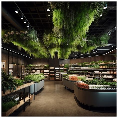 Grocery Market Design, Futuristic Grocery Store, Vegetable Store Design, Organic Market Design, Organic Interior Design Concept, Super Market Design, Market Interior Design, Supermarket Interior, Store Counter Design