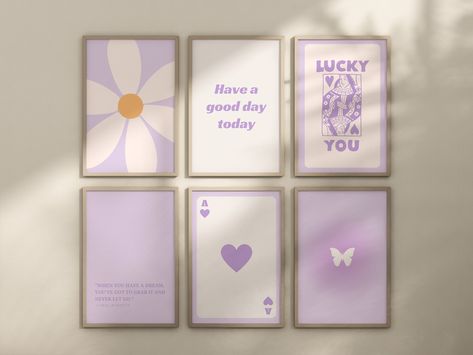 Purple Wall Art Set of 6, Lilac Gallery Wall Prints, Digital Download, Lilac Trendy Aesthetic Wall Posters Purple Retro Inspired Wall Decor - Etsy Lilac Aesthetic Room Decor, White Room With Purple Accents, Purple Wall Decor Ideas, Light Purple Wall Art, Office Decor Purple, College Dorm Room Ideas Aesthetic Purple, Lilac Aesthetic Bedroom, Lilac Apartment, Pastel Purple Decor