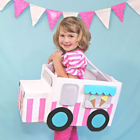 Ice Cream Truck Cardboard, Ice Cream Costume, Ice Cream Car, Car Costume, Cardboard Box Car, Cardboard Car, Truck Diy, Box Costumes, Diy Ice Cream