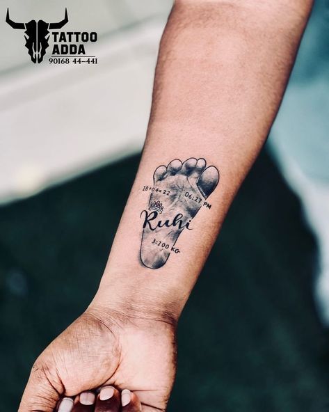 Tattoos For Your Son, Baby Tattoo For Dads, Tattoo For My Son, Tattoos For Baby Boy, Baby Footprint Tattoo, Unique Half Sleeve Tattoos, Baby Tattoo Designs, Baby Name Tattoos