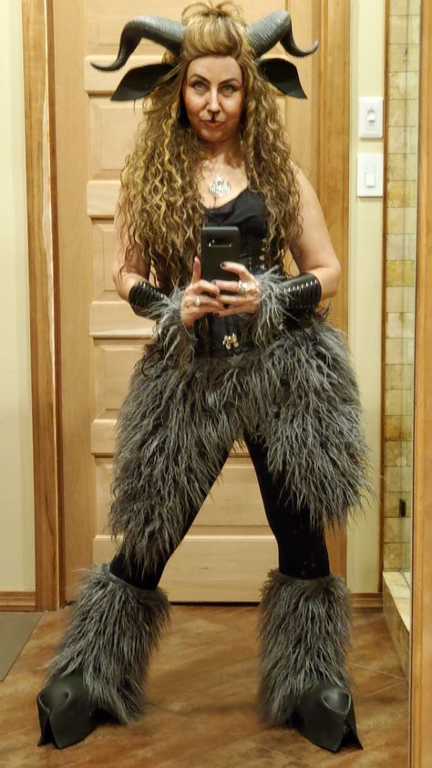 Full length female satyr costume. Krampus Costume Female, Woodland Creature Cosplay, Ram Costume Women, Faun Costume Female, Faun Ears Diy, Faun Cosplay Female, Mythical Creature Costume Ideas, Goat Costume Women, Mythical Costumes Women