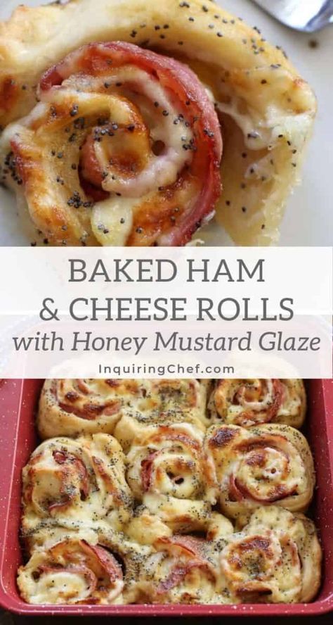 Baked Ham And Cheese Rolls, Brunch Baking, Glaze Ham, Ham And Cheese Rolls, Ham Cheese Rolls, Ham And Cheese Sandwiches, Leftover Easter Ham, Honey Mustard Glaze, Easter Ham