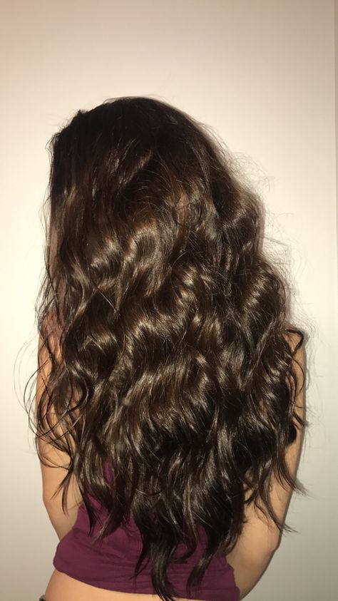 Brushed Out Wavy Hair, Wavy Brunette Hair Aesthetic, Long Dark Brown Wavy Hair Natural, Layers For Long Wavy Hair Brunettes, Brown Wavy Hair Highlights, Healthy Long Wavy Hair, Wavy Straight Hair Natural, Brown 2c Hair, Brown Natural Wavy Hair