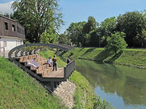 BB ARHITEKTI · Pavilion on the riverbank of Ljubljanica river · Divisare River Side Landscape, Water Pavilion, Pavilion Design, Hillside Landscaping, Landscape And Urbanism, Landscape Architecture Design, River Bank, Traditional Landscape, Parking Design