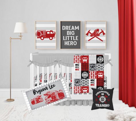 Fire Truck Nursery Ideas, Firefighter Nursery Baby Boy, Fireman Nursery, Firefighter Nursery, Fire Truck Nursery, Baby Boy Crib Bedding Sets, Matching Wall Art, Boy Crib Bedding, Boys Crib Bedding Sets