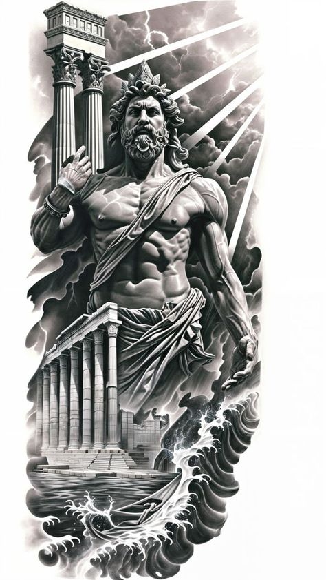 Greek History Tattoo, Greek Mythology Back Tattoo, Greece Tattoo, Greek God Tattoo, Poseidon Tattoo, Zeus Tattoo, Statue Tattoo, Greek Mythology Tattoos, God Tattoos