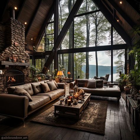 Lake House Aesthetic Modern, House In The Woods Decor, Houses In The Forest Aesthetic, Cabin In The Forest Aesthetic, Moody Log Cabin, Cozy Forest Cabin, Forest House Aesthetic Interior, Rustic Modern Aesthetic, Forest Lake House