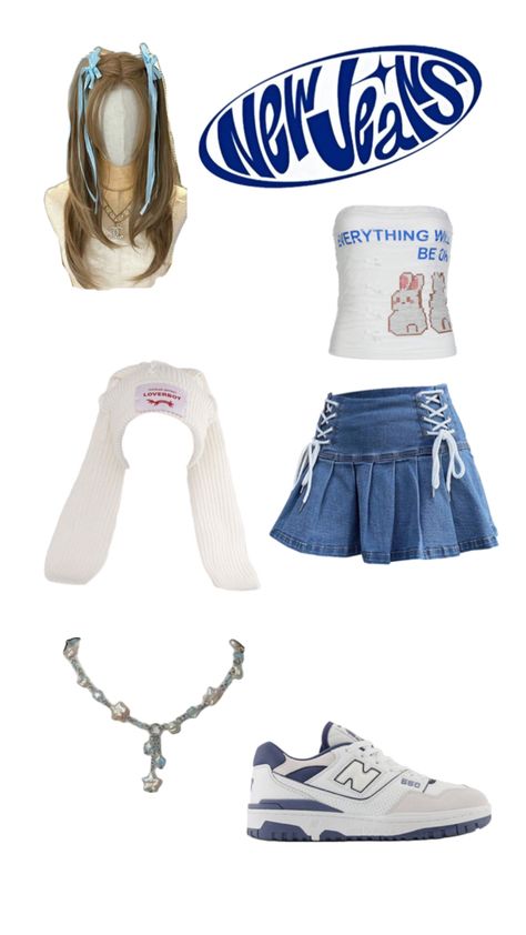 #kpop #blue #newjeans Newjeans Bunny Outfit, Recreating Kpop Outfits, New Jeans Jewelry Kpop, New Jeans Clothes Kpop, Newjeans Outfit Ideas, New Jeans Outfit Kpop Inspired, New Jeans Inspired Outfit, New Jeans Outfit Inspo Kpop, New Jeans Stage Outfit