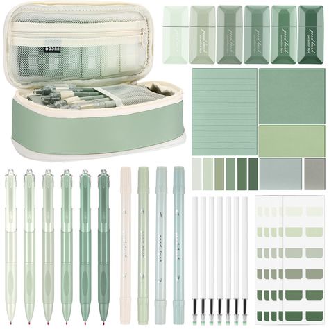 PRICES MAY VARY. Package Includes: come with 1 x pencil case, 1 x 330 pieces of sticky note set, 6 x retractable black ink pens, 4 x double tip highlighters, 10 x black ink gel pen refills, 6 x correction tapes, and 120 x index tabs (10 pages), this ideal combination fulfills your various needs and enriches your using experience Practical Gift: the gradient sage green aesthetic stationery set makes for an ideal gift to your family, students, friends, colleagues and neighbors who interested in pr Muji Stationary, Back To School Stationary, Hacks School, Stationary Kit, Correction Tapes, Pretty School Supplies, Aesthetic College, College Supplies, First Year Of College