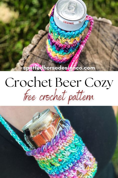 Free crochet beer can holder pattern Crochet Beer Mug, Crochet Lanyard Pattern, Can Cozy Crochet, Crochet Beer Cozy, Beer Necklace, Crochet Dish Scrubber, Crochet Beer, Crochet Lanyard, Spotted Horse