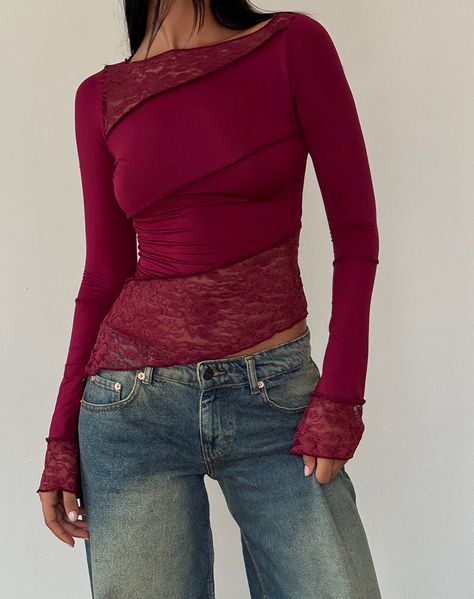 Burgundy Long Sleeve Top | Lucca �– motelrocks-com-us Lace Panel Top, Look Short, Lace Material, Bandeau Dress, Body Con Skirt, Boat Neckline, Lace Panelled, Lucca, Lace Tops