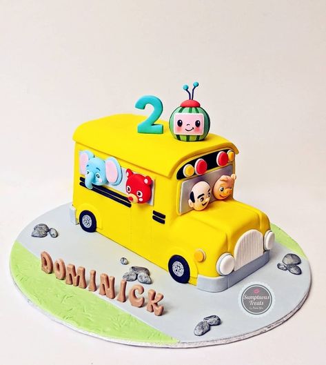 Coco Melon Bus Cake, Wheels On The Bus Cocomelon Cake, Cocomelon School Bus Cake, School Bus Cake Birthday, Wheels On The Bus Birthday Cake, Wheels On The Bus Birthday Party Cake, Bus Cakes For Boys, Baby Bus Cake, Cocomelon Bus Cake