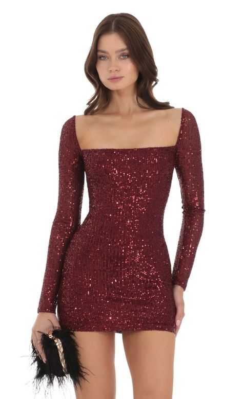 Sequin Long Sleeve Dress in Maroon | LUCY IN THE SKY Drag Dresses, Skirt Korean, Sequin Evening Dress, Long Sleeve Sequin Dress, Slim Hips, Hip Skirt, Sequin Evening Dresses, Sequin Fabric, Hoco Dresses