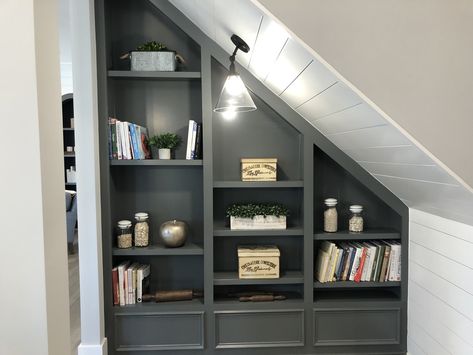 Attic Room Bookshelves, Sloping Roof Bookshelf, Bookshelf On Slanted Wall, Bonus Room Bookshelves, Sloped Ceiling Bookshelves, Slanted Ceiling Built In Shelves, Under Stairs Bookcase, Eaves Storage Ideas Angled Ceilings, Under Stairs Bookshelf