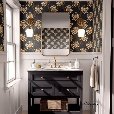 SURFACE PATTERN DESIGN (@nelvis_valenzuela) • Instagram photos and videos Luxury Powder Room Design, Luxe Wallpaper, Luxury Powder Room, Wallpaper Powder Room, Powder Room Remodel, Half Bathroom Decor, Powder Room Wallpaper, Charcoal Wallpaper, Powder Room Decor