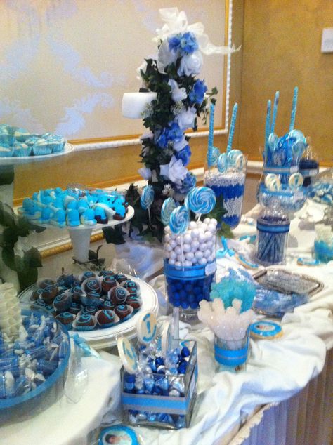 Wedding Blue And Silver, Blue Candy Table, Silver Candy Buffet, Wedding Ideas Blue, Blue Candy Buffet, Diamond Party, Quinceanera Themes, Denim And Diamonds, Mom's Birthday