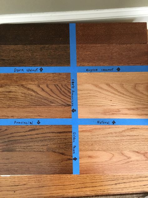 Floor stain samples. Minwax Dark walnut, English Chestnut, Natural, Golden Pecan, Provincial, Early American. Wood Stain Colors Minwax, Oak Floor Stains, Minwax Stain Colors, Floor Stain Colors, Wood Floor Stain Colors, Wood Floor Colors, Minwax Dark Walnut, Provincial Stain, Hardwood Floor Colors