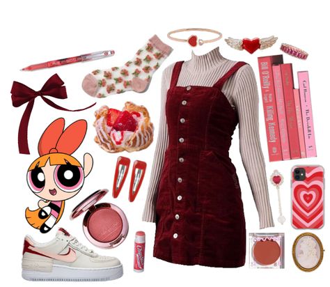 Blossom Ppg Outfit, Blossom Powerpuff Inspired Outfits, Blossom Powerpuff Outfit Ideas, Blossom Outfit Powerpuff, Cherry Themed Outfit, Powerpuff Girls Outfit Ideas, Blossom Inspired Outfits, Cherry Girl Outfit, Powerpuff Girls Inspired Outfits