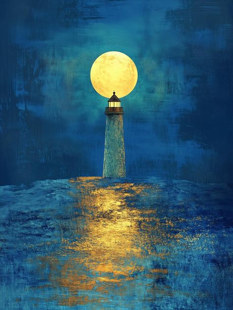 This stunning canvas artwork captures the essence of a lighthouse under a luminescent moon, inspired by the bold brush strokes and vibrant colors reminiscent of Vincent Van Gogh's masterpieces. The dramatic interplay of blues and golds creates a captivating scene that invites the viewer into a tranquil world, reflecting the natural beauty and serenity of coastal landscapes. The lighthouse, a beacon of hope, rises majestically from a shimmering sea, symbolizing guidance and safety in the midst of Lighthouse Painting, Lighthouse Art, Sea Decor, Coastal Landscape, Vincent Van, Coastal Homes, Custom Canvas, Home Wall Art, Vincent Van Gogh