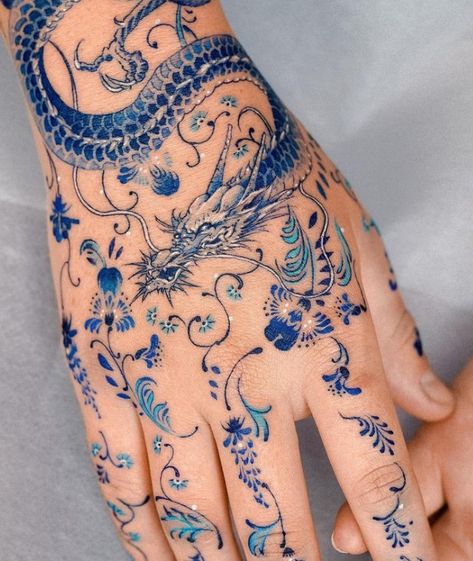 Porcelain Tattoo, Blue Dragon Tattoo, Flower Hip Tattoos, Blue Ink Tattoos, Red Dragon Tattoo, Dragon Tattoo Ideas, Dragon Sleeve Tattoos, Blue Tattoo, Tatuaje A Color