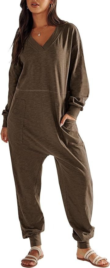 Amazon.com: ANRABESS Women's Casual Loose Jumpsuits Long Sleeve V Neck Oversized Rompers Baggy Overalls Lounge Pajamas Onesie Jumper : Clothing, Shoes & Jewelry Women Long Sleeve Jumpsuit, Work Overalls, Romper Long Pants, Pajama Outfit, Fitted Romper, Rompers Womens Jumpsuit, Colorful Jumpsuit, Loose Jumpsuit, Coffee Color