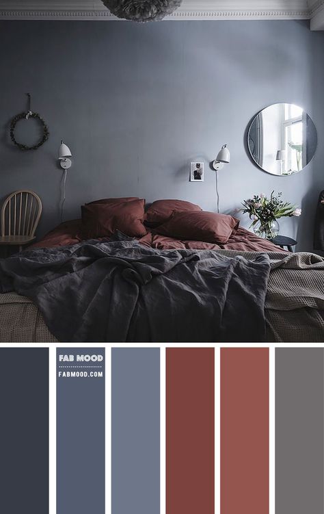 Blue Grey and Brown Red Bedroom Colour Scheme Red Bedroom Colors, Blue Bedroom Colors, Blue Gray Bedroom, Wedding Color Palettes, Bedroom Colour, Red Bedroom, Themes Wedding, Bedroom Colour Palette, Accent Colors For Gray