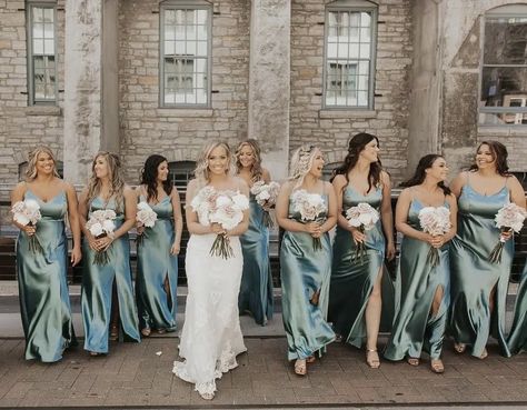 Seaglass Satin Bridesmaid Dresses, Sea Grass Bridesmaid Dresses, Sea Glass Dress Bridesmaid, Dusty Sage Satin Bridesmaid Dresses, Sea Glass And Gold Wedding Colors, Sea Glass Birdy Grey Wedding, Sea Glass Green Bridesmaid Dresses, Sea Glass Wedding Party, Sea Glass And Navy Wedding