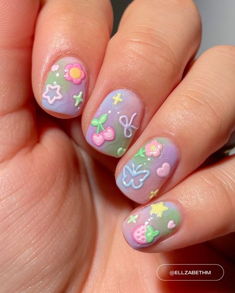 Kawaii Nail Inspiration, Nail Designs For Kids Cute, Small World Nails, Nail Inspo For Kids, Squishmallow Nails, Kids Nail Ideas, Nail Designs Kids, Fun Acrylic Nails, Marshmallow Nails