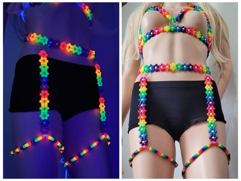 Kandi Thigh Garter, Kandi Belt Chain, Diy Pride Outfit, Kandi Garter, Kandi Skirt, Kandi Outfits, Kandi Clothes, Crochet Rave Outfit, Kandi Belt