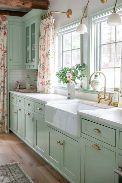 seafoam green and floral kitchen design