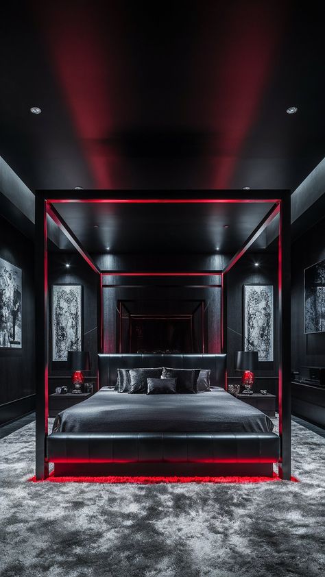 Enjoy stylish serenity in this light gray bedroom accented by striking red LED lights. The soothing color palette and vibrant lighting create a chic, relaxing environment that’s perfect for unwinding. ✨❤️ #StylishSerenity #ChicDecor Gray And Red Bedroom Ideas, Red Room Ideas 50 Shades Of Grey, Grey Bedroom Ideas Decor, Red And Black Room Ideas, Light Gray Room, 50 Shades Grey Aesthetic, Red Room 50 Shades Diy, Black And Red Room, Red And Black Bedroom Ideas